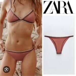 Zara Brick color Contrast Bikini Bottom contrast trim embroidery Interio…